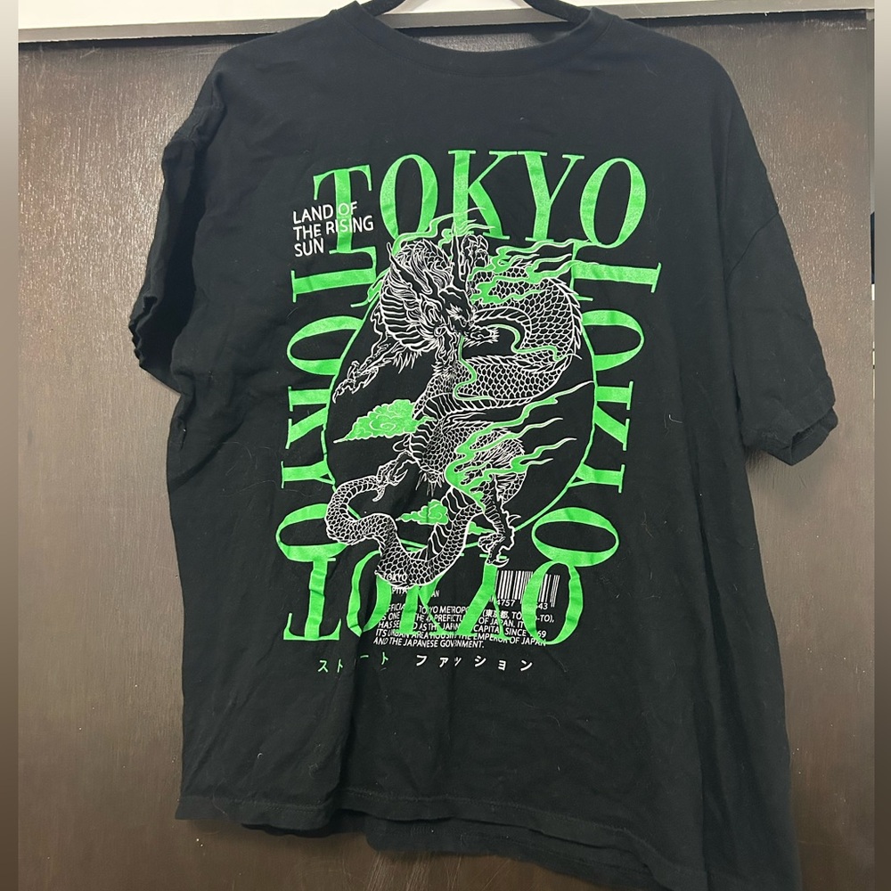 Nasty Gal Black Tee with Green Tokyo Graphic